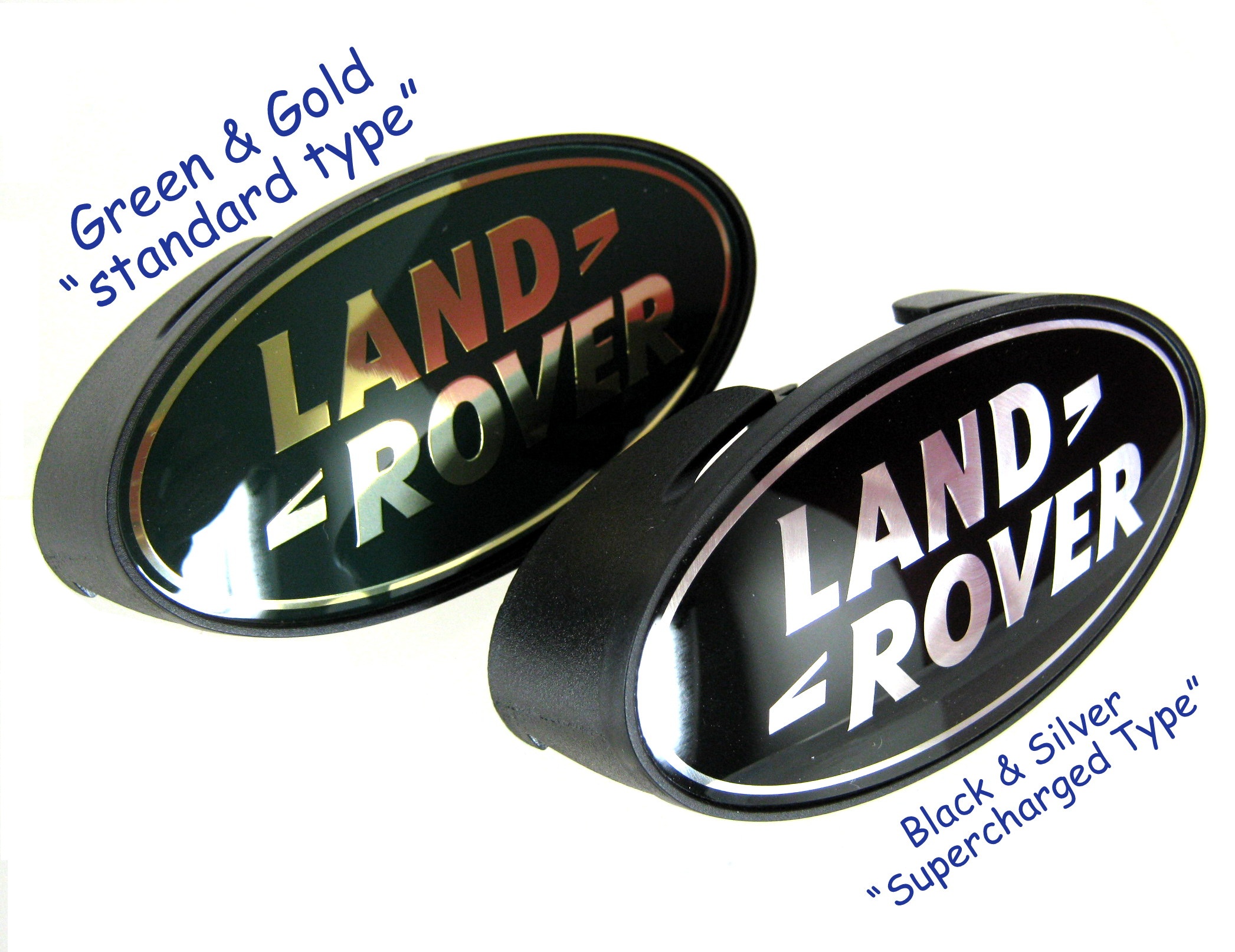 Land Rover Defender black+silver oval front grille badge+support plinth